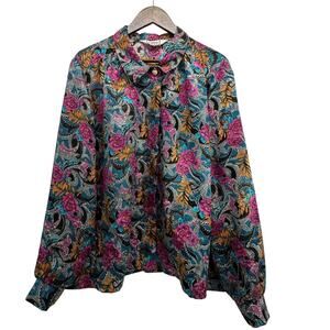 VTG Cricket Lane Bohemian Blouse XL Satin Multi-Colored Paisley Floral 80s 90s